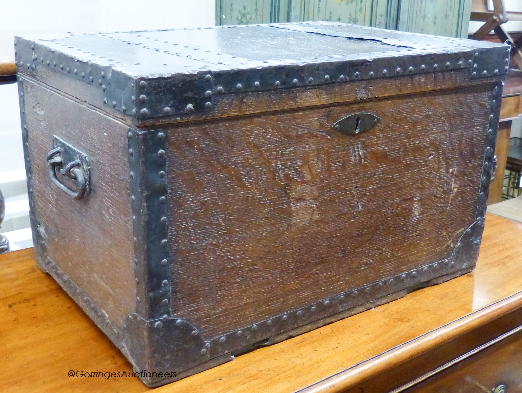 A small Victorian iron-bound oak chest, width 54cm, depth 38cm, height 33cm